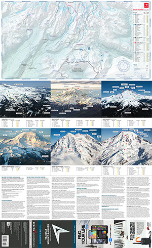 Map and information sheet about Mount Rainier with mountain views and text.
