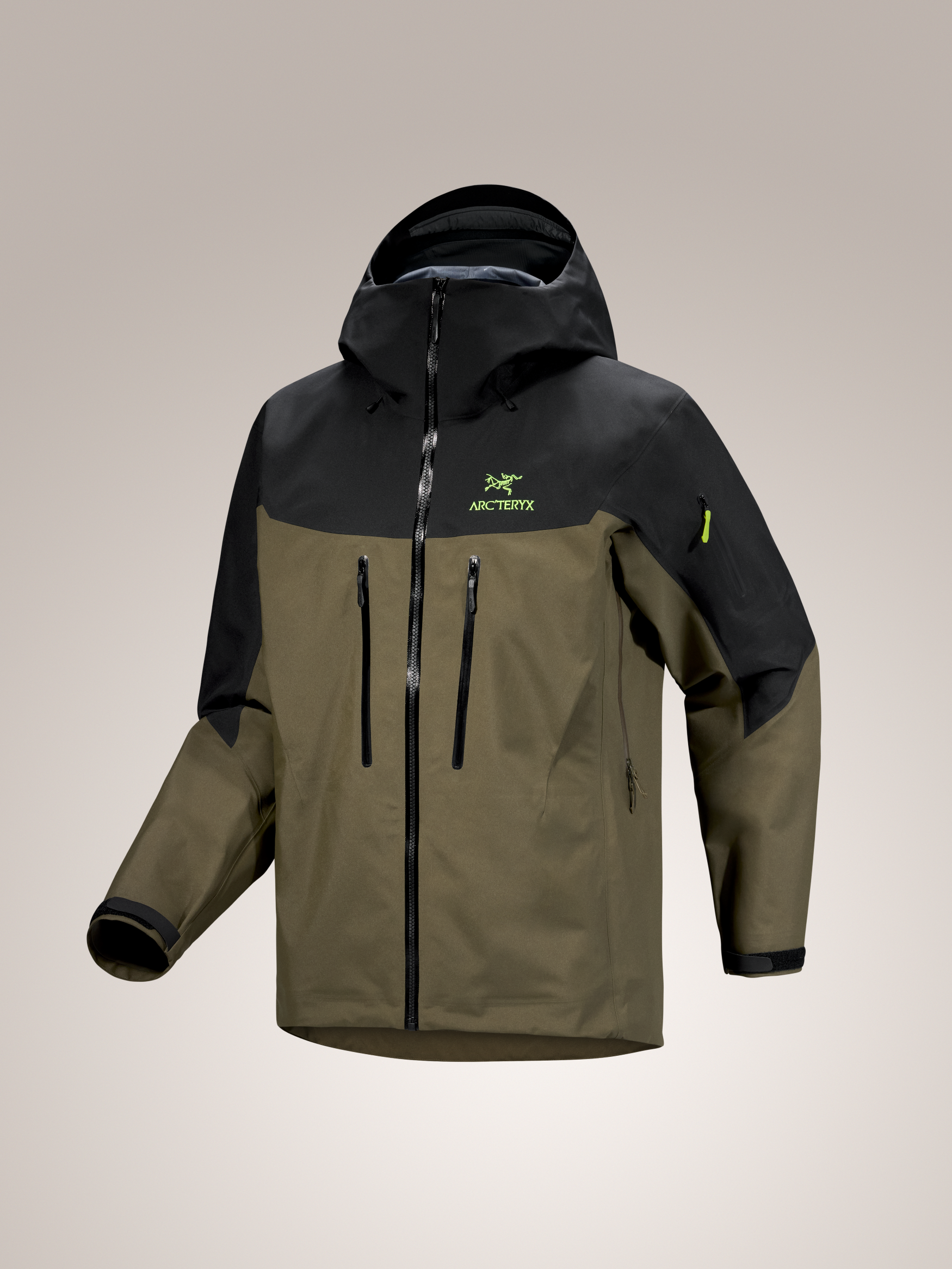 Men's Alpha SV GORE-TEX Pro shell jacket in black and olive, featuring a hood, zippers, and Arc'teryx logo.