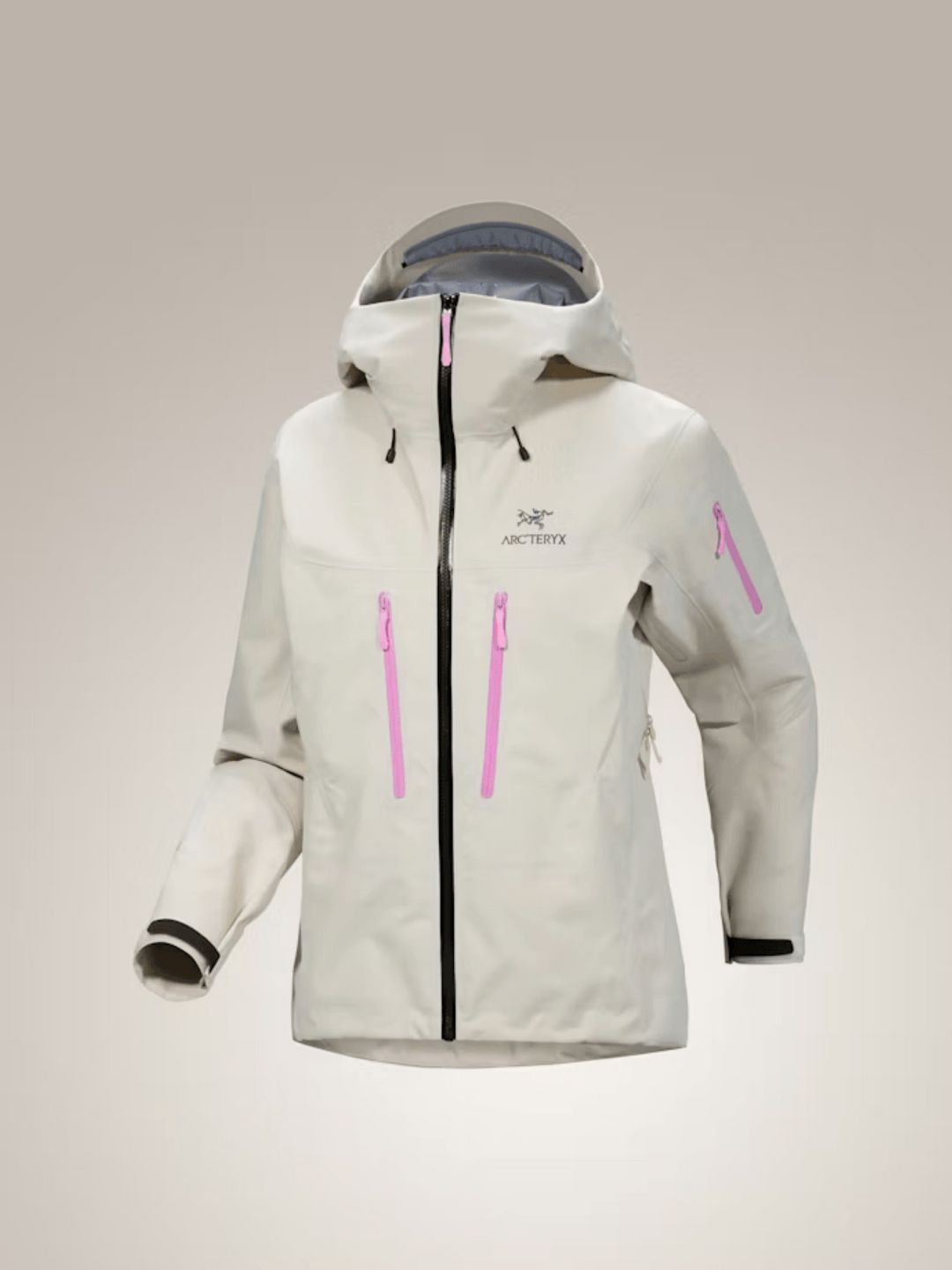 Women's Alpha SV Jacket in light grey GORE-TEX PRO ePE with pink zippers and hood.