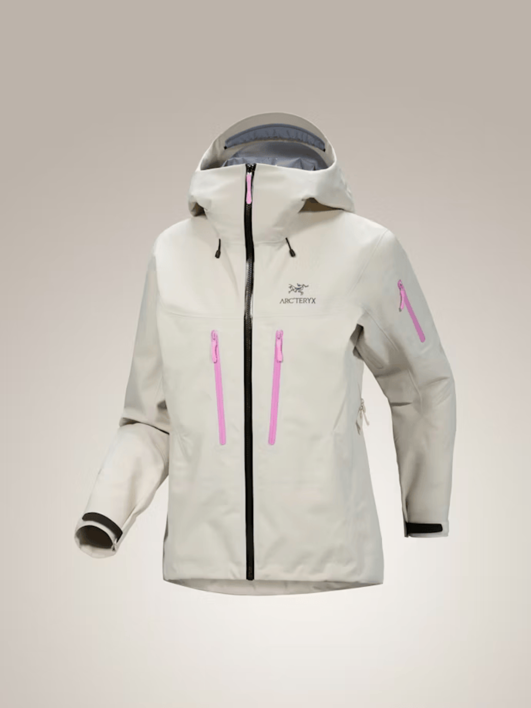 Women's Alpha SV Jacket in light grey GORE-TEX PRO ePE with pink zippers and hood.
