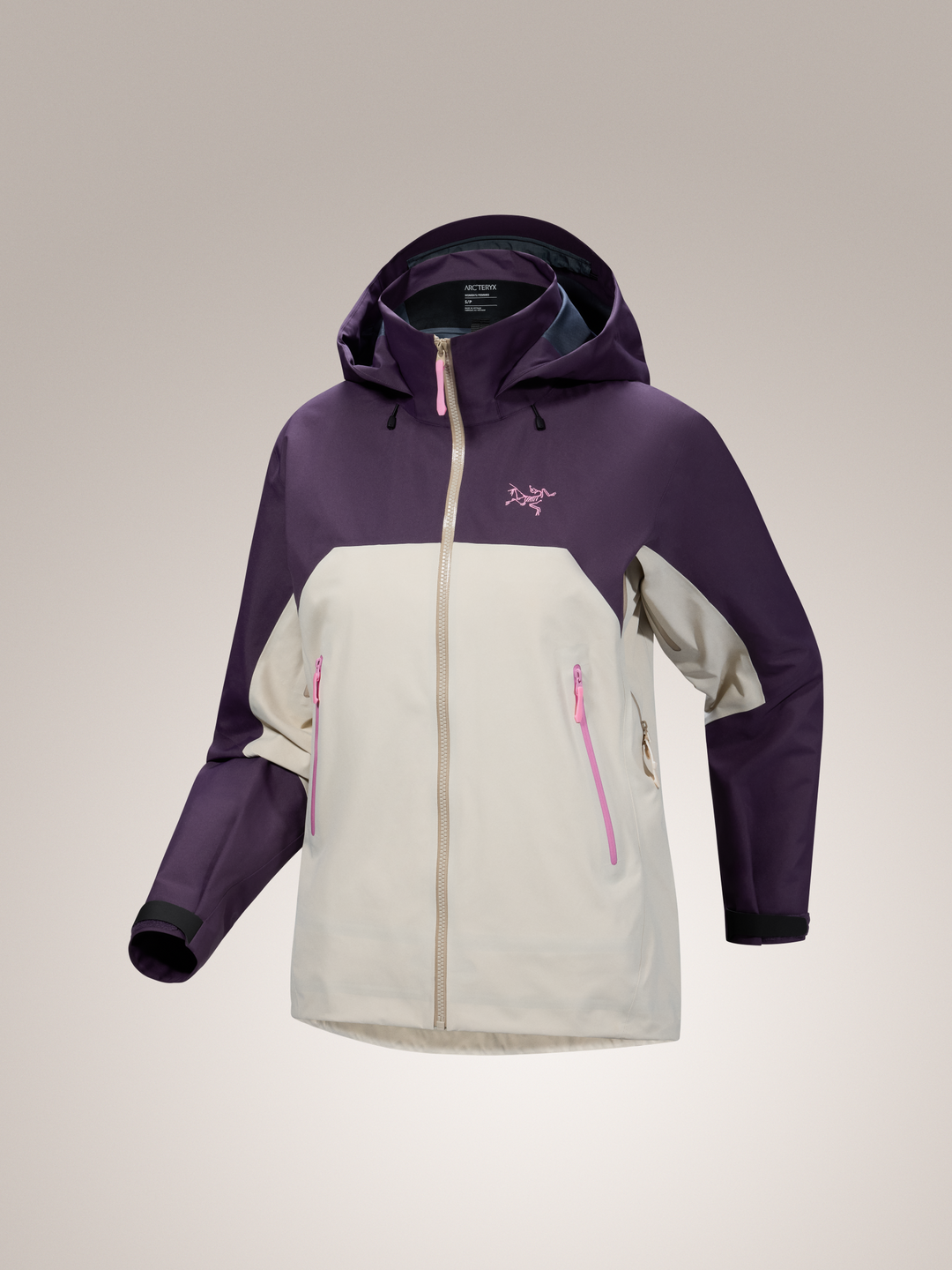 Arc'teryx Beta AR Women's Jacket in two-tone purple and cream GORE-TEX Pro, with pink zippers.