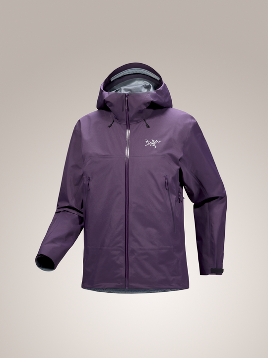 Men's Arc'teryx Beta SL Jacket in deep purple, featuring a hood, WaterTight zipper, and logo.