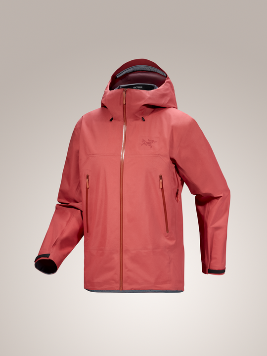 Arc'teryx Beta SL Men's Jacket in red, a lightweight 3-Layer GORE-TEX shell with hood and zippered pockets.