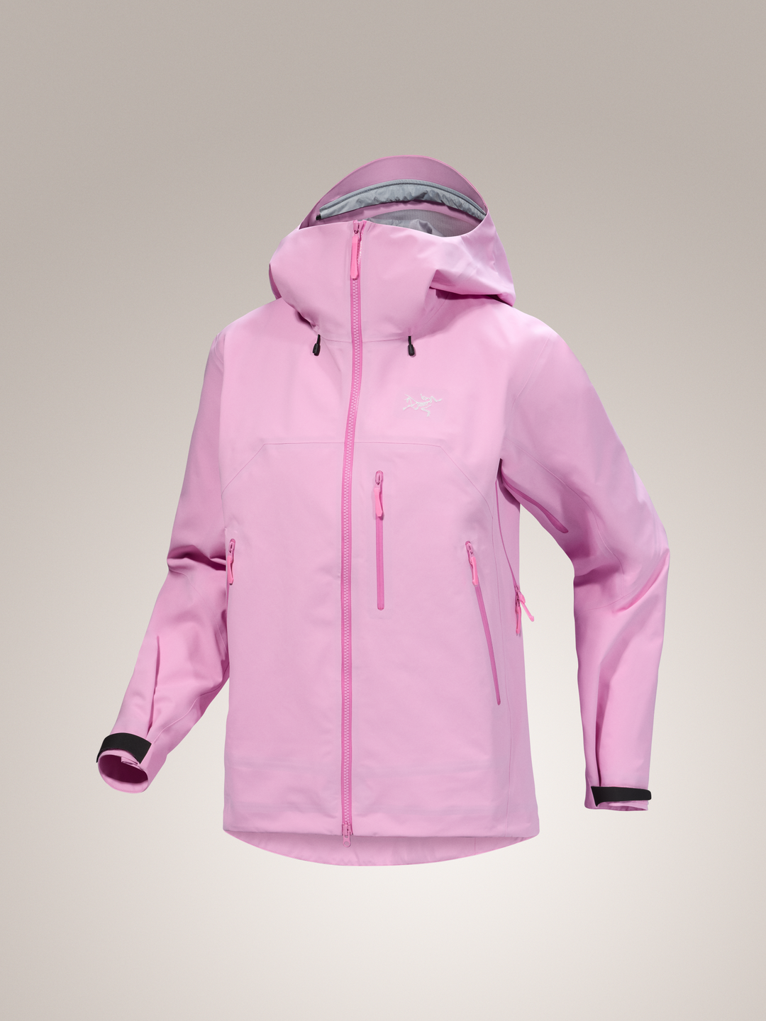 Women's pink Arc'teryx Beta SV GORE-TEX PRO ePE shell jacket with front zip and pockets.