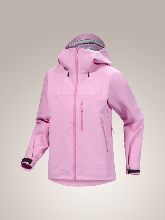 Women's pink Arc'teryx Beta SV GORE-TEX PRO ePE shell jacket with front zip and pockets.