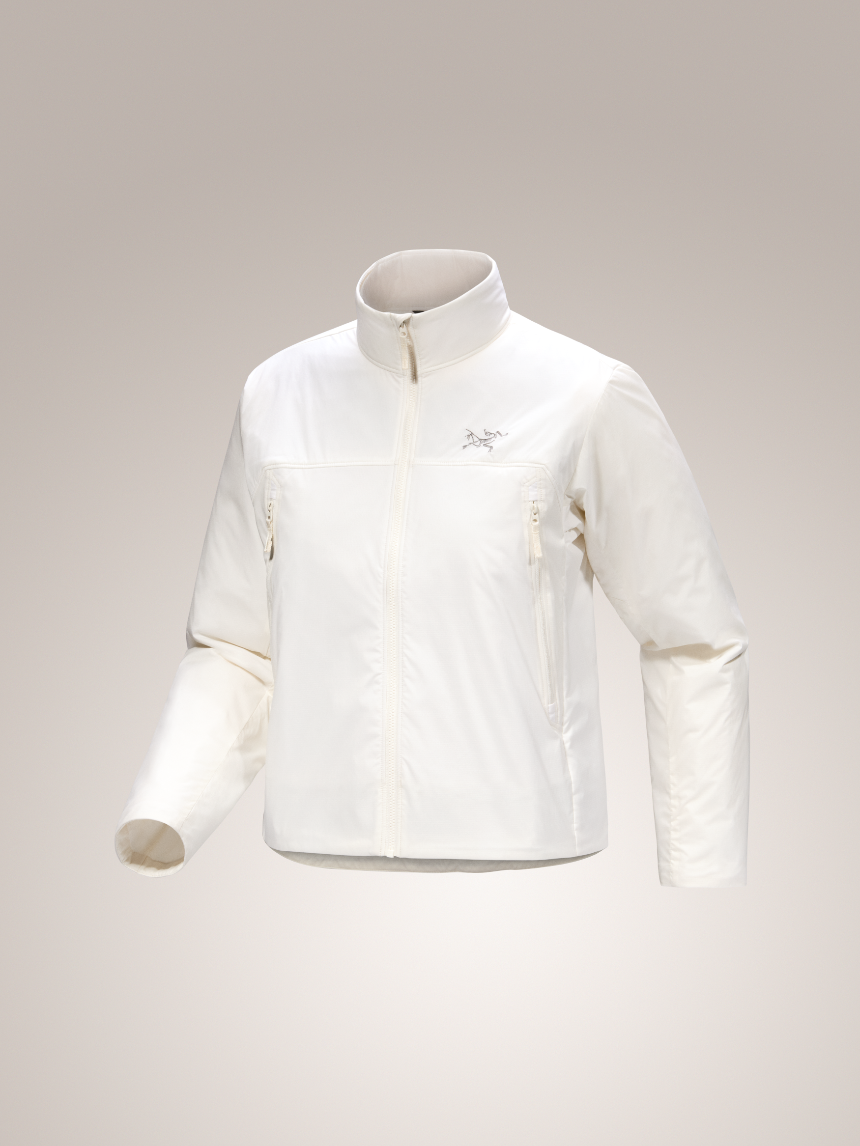 Silk white Arc'teryx Elec Insulated women's jacket on gray background