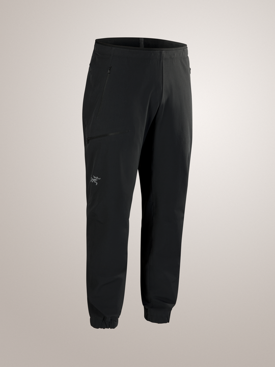 Black Arc'teryx Gamma Jogger pants with a brand logo on a light gray background
