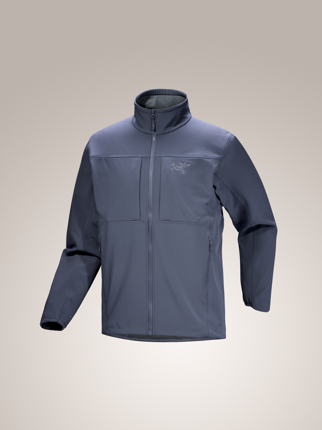 Men's Arc'teryx Gamma MX Jacket in dark blue, a stretch woven softshell with full zip and chest pockets.