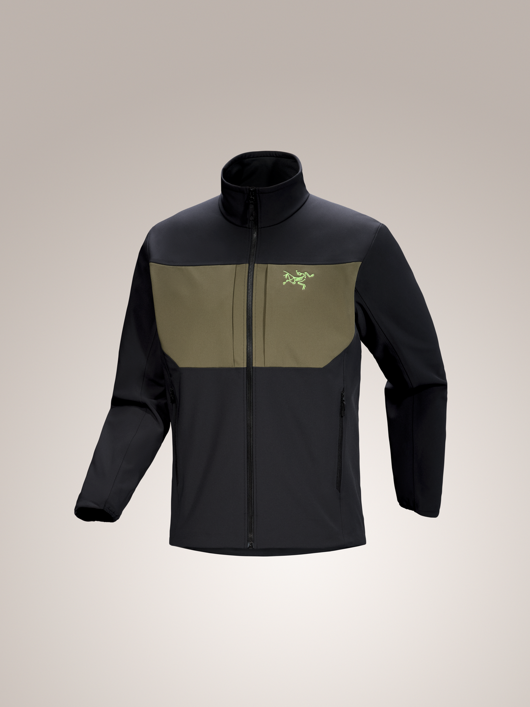 Arc'teryx Gamma MX Men's Jacket in black and olive with green logo, full zip, and stand collar.