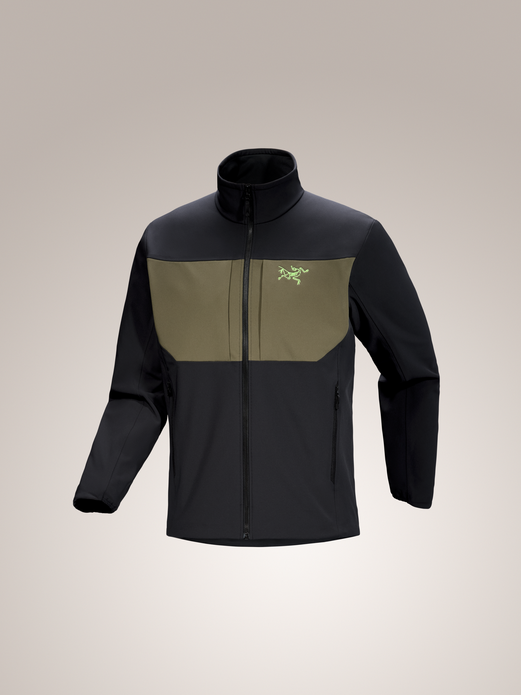 Arc'teryx Gamma MX Men's Jacket in black and olive with green logo, full zip, and stand collar.