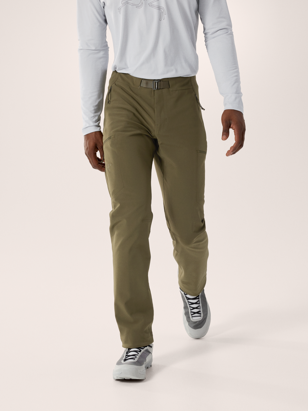 Tatsu tan Arc'teryx Gamma MX men's pant on a model with gray background