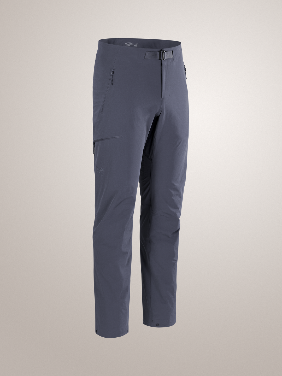 Men's Arc'teryx Gamma SL Pant in dark gray, lightweight stretch softshell with belt and zippered pockets.
