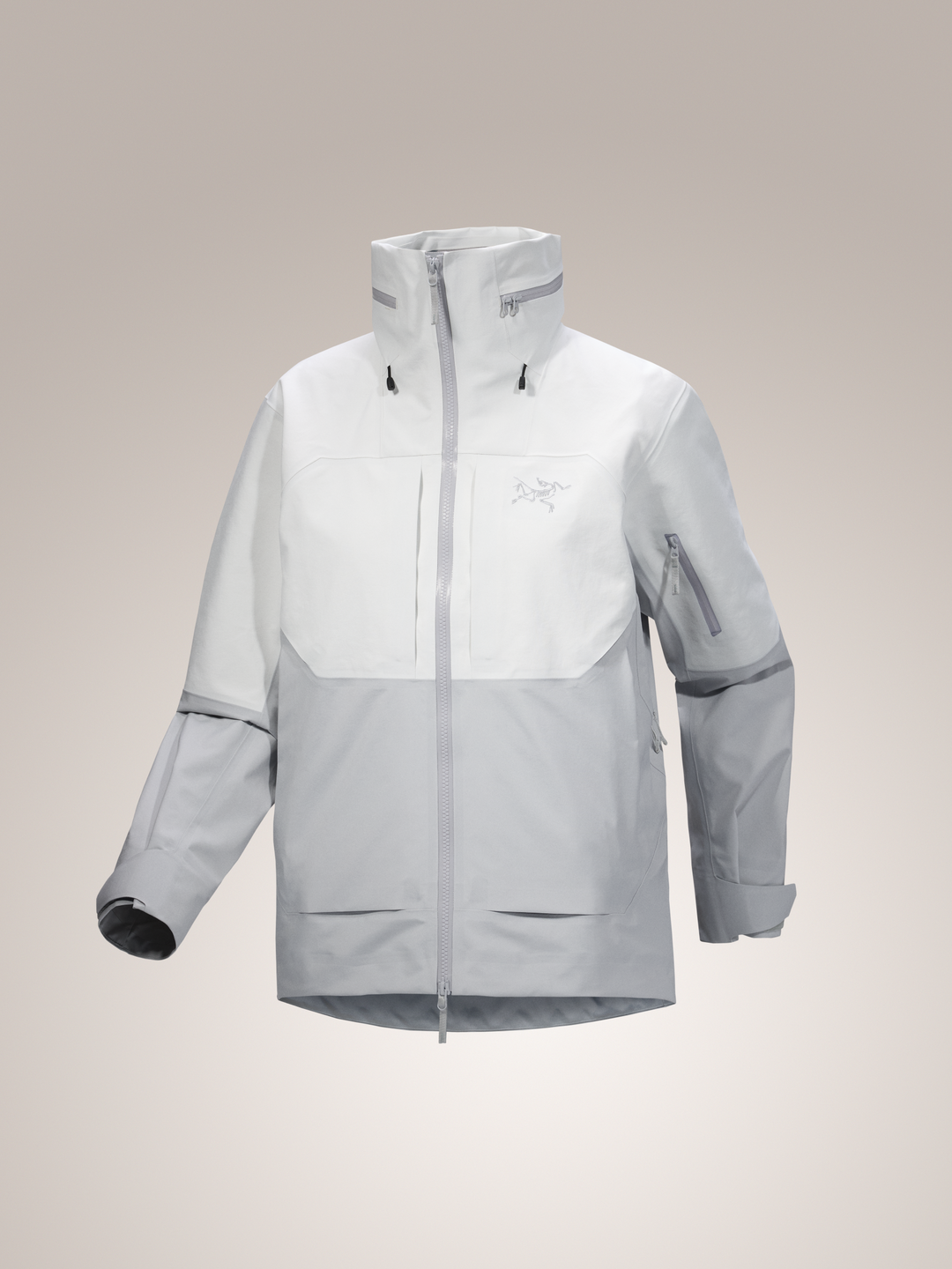 Solitude arctic and silk white Arc'teryx  Incendia women's jacket on gray background