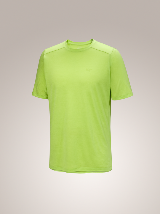 Men's Arc'teryx Ionia Merino Wool Shirt SS in vibrant lime green, with a crew neck and subtle bird logo.