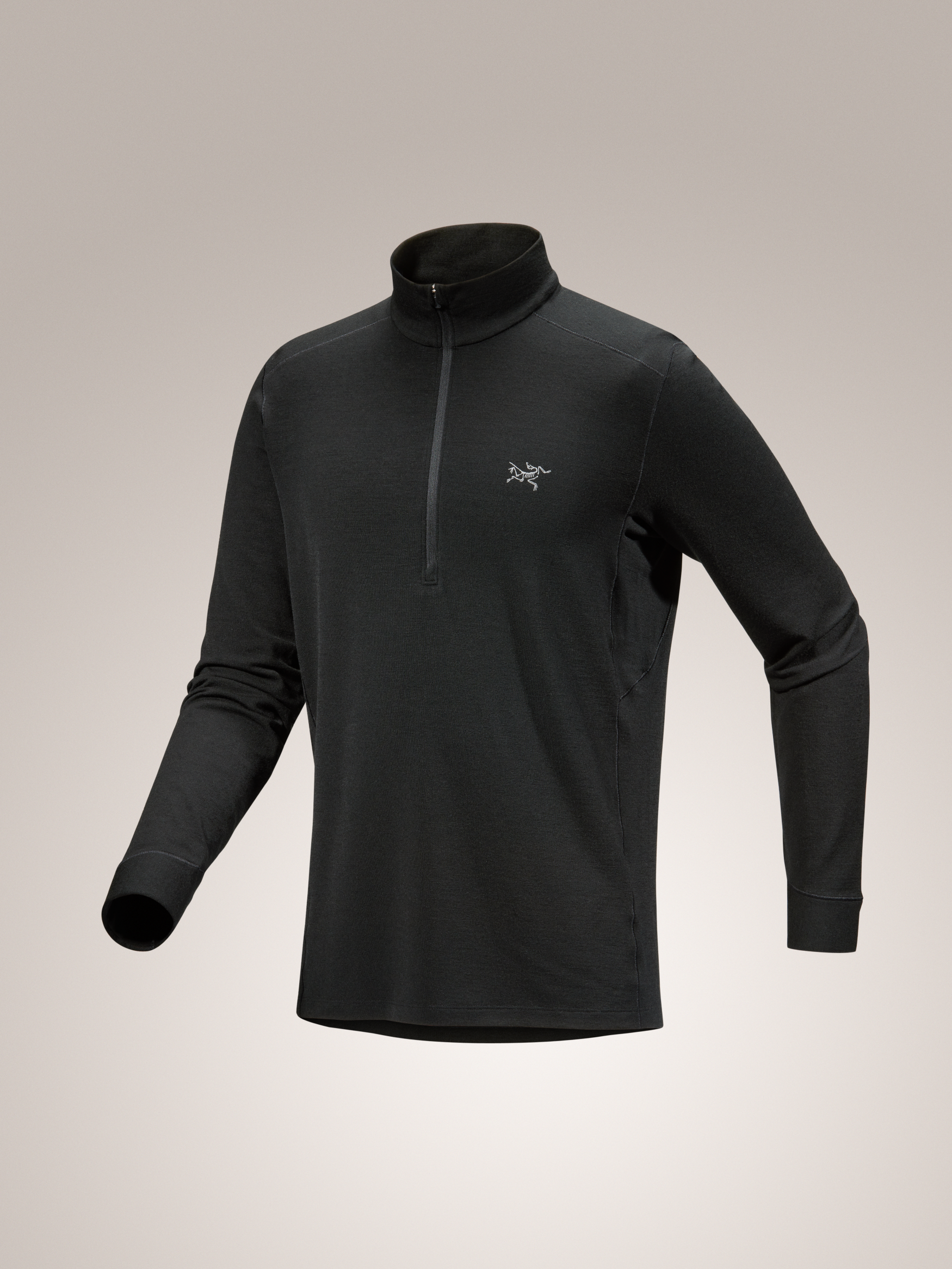 Black Arc'teryx Rho merino wool zip long-sleeve shirt with a brand logo on a light gray background
