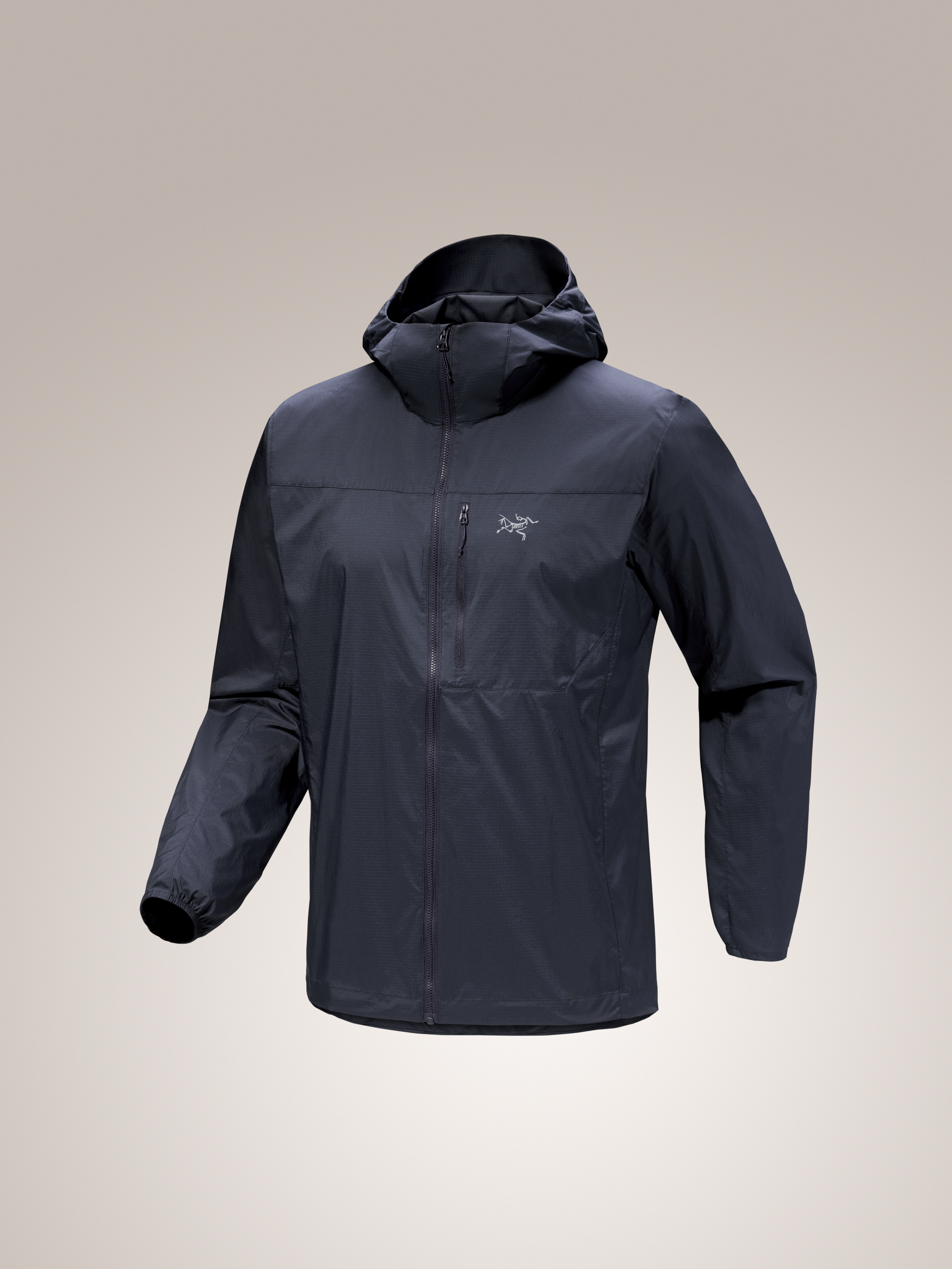 Arc'teryx Squamish Hoody men's dark blue windshell jacket with hood, chest pocket, and full zipper.