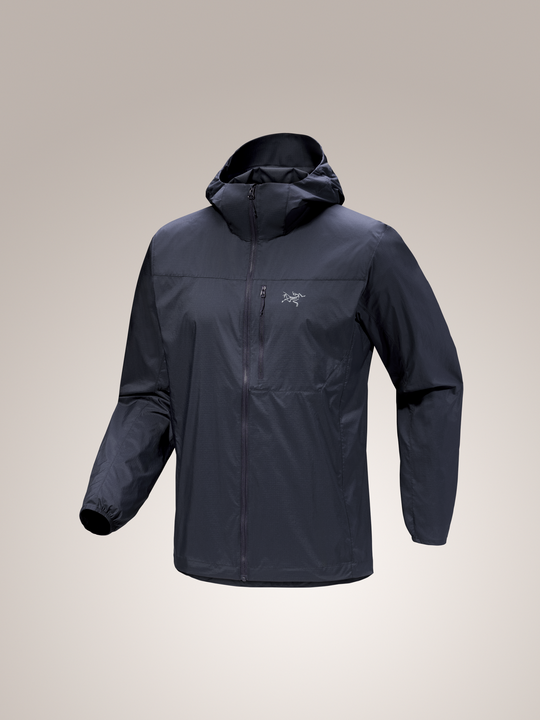 Arc'teryx Squamish Hoody men's dark blue windshell jacket with hood, chest pocket, and full zipper.