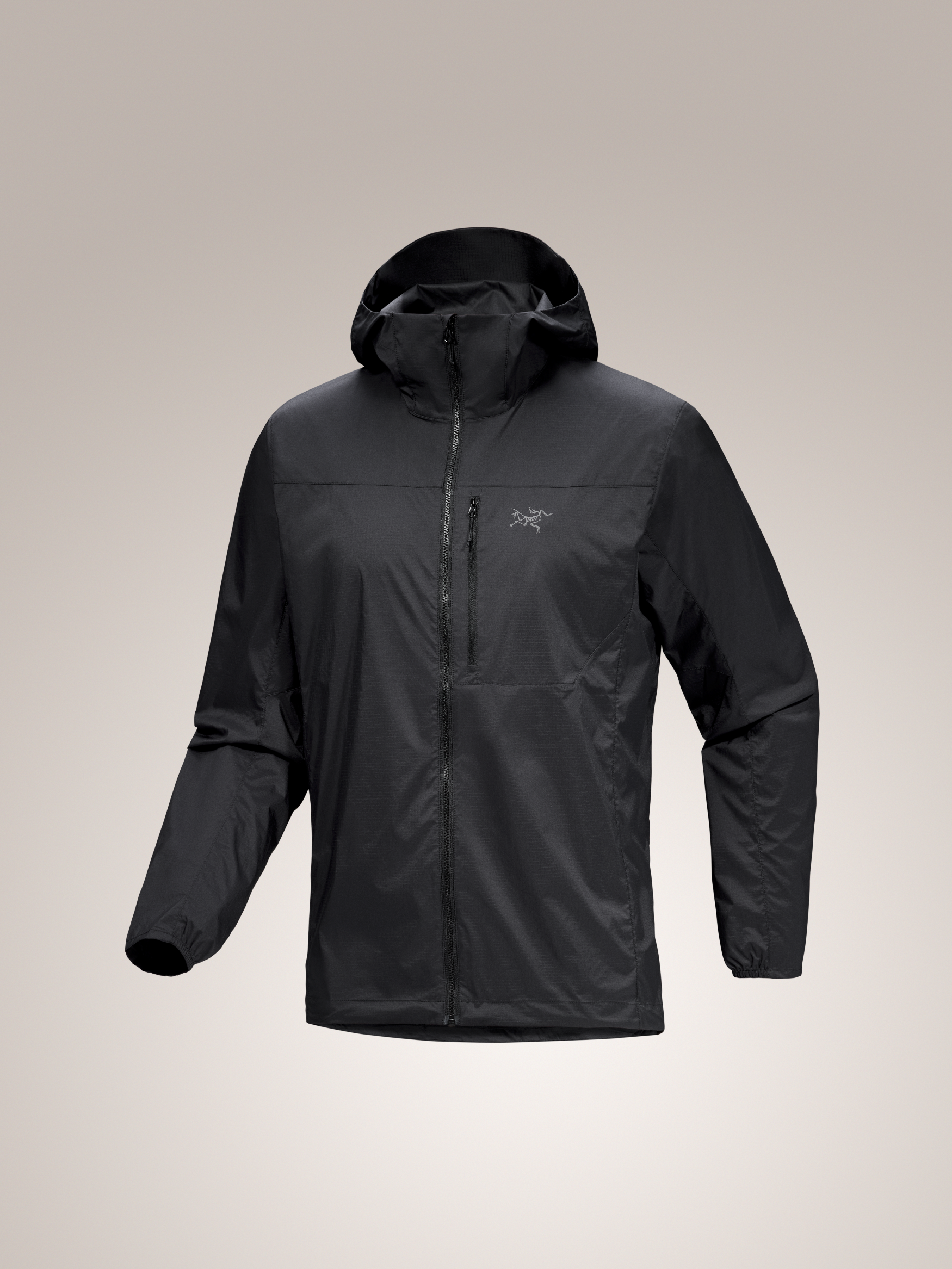 Men's black Arc'teryx Squamish Hoody, a lightweight windshirt with a full zipper, chest pocket, and hood.