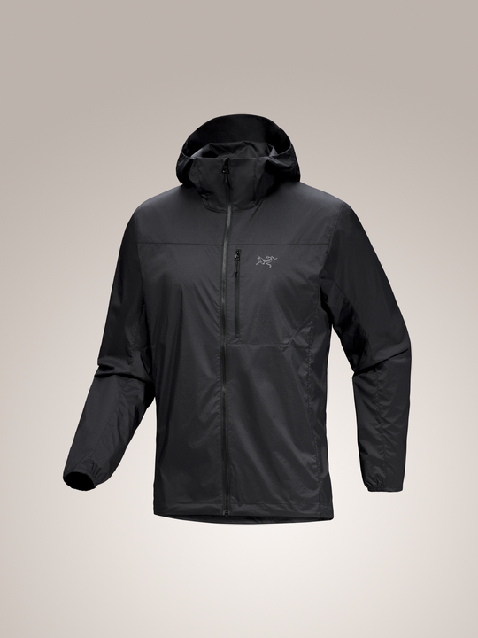 Men's black Arc'teryx Squamish Hoody, a lightweight windshirt with a full zipper, chest pocket, and hood.