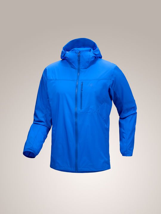 Men's Arc'teryx Squamish Hoody in bright blue, a lightweight windshell jacket with a hood and chest pocket.