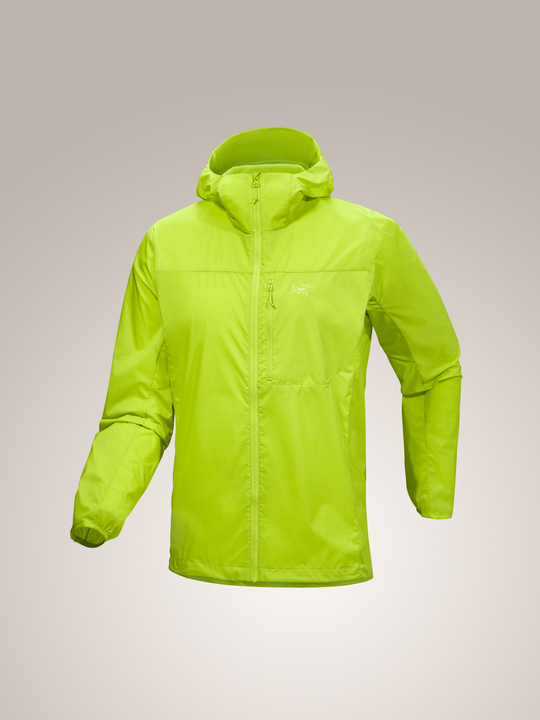 Arc'teryx Squamish Hoody Men's in bright lime green, a lightweight nylon windshirt with a hood and chest pocket.