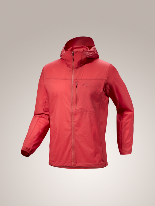 Men's red Arc'teryx Squamish Hoody, a lightweight windshirt with a full zipper and chest pocket.