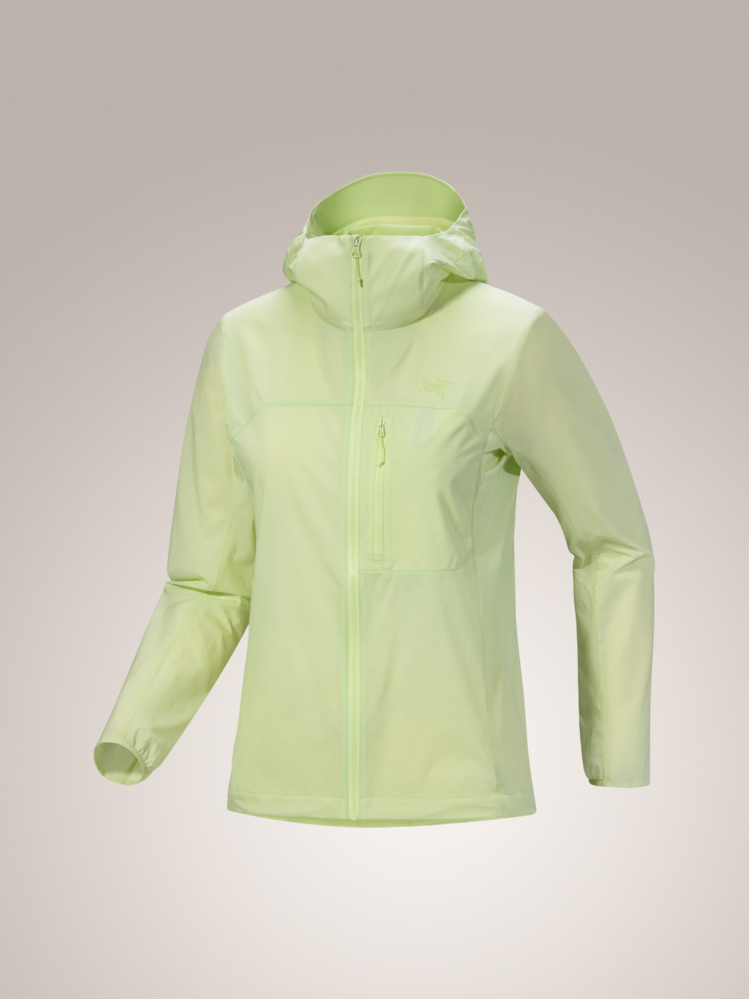 Arc'teryx Squamish Hoody Women's in light green, a lightweight windshirt with a full zip and chest pocket.