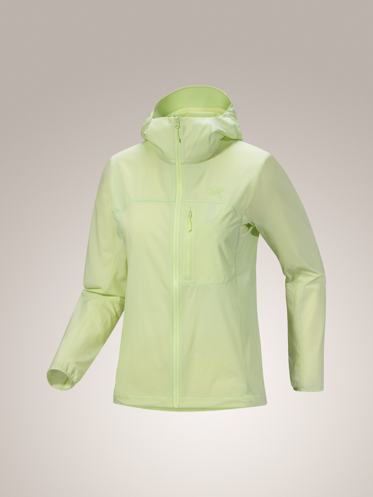 Arc'teryx Squamish Hoody Women's in light green, a lightweight windshirt with a full zip and chest pocket.
