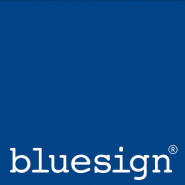 Bluesign logo as a blue square with white text