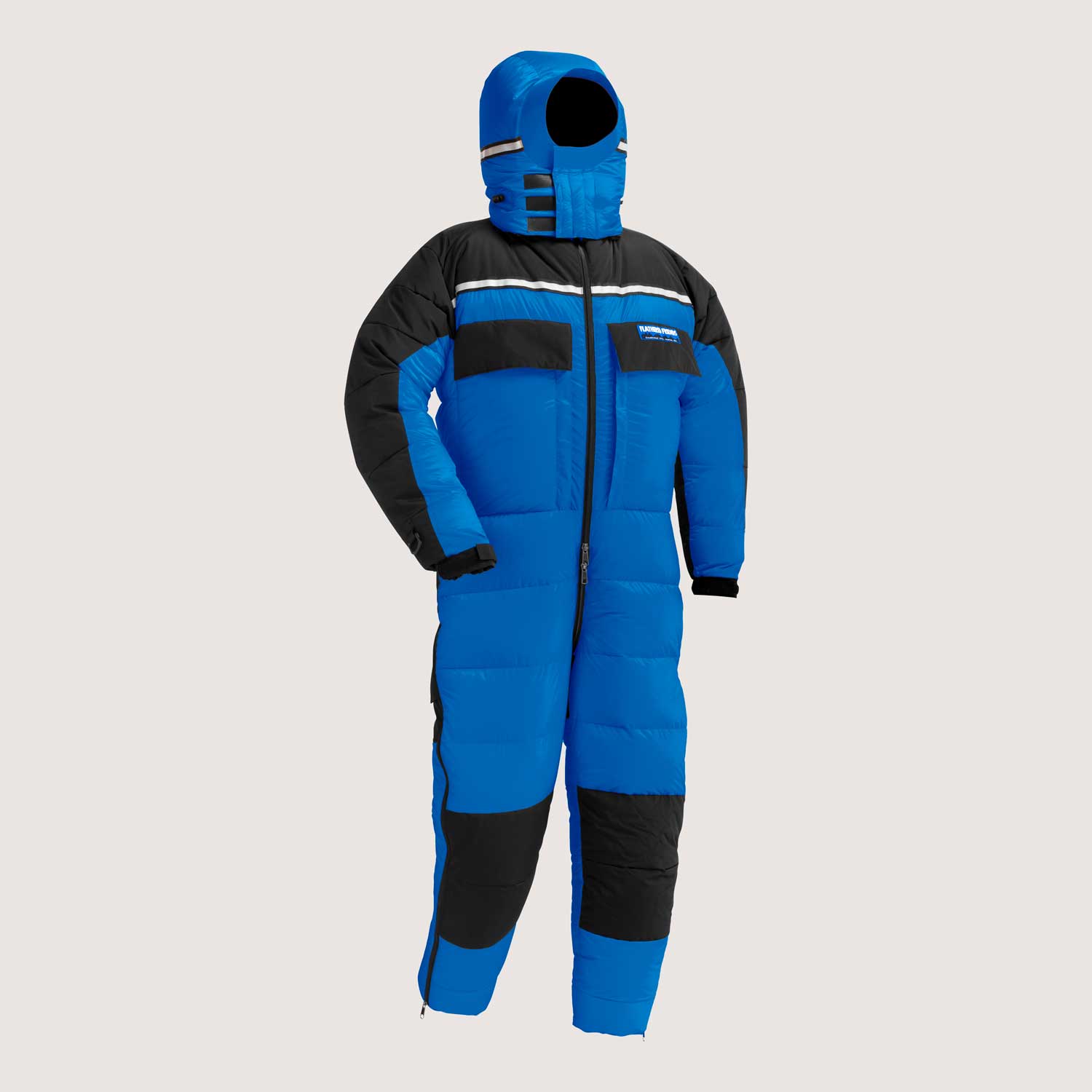 Royal Blue Feathered Friends expedition down suit on gray background