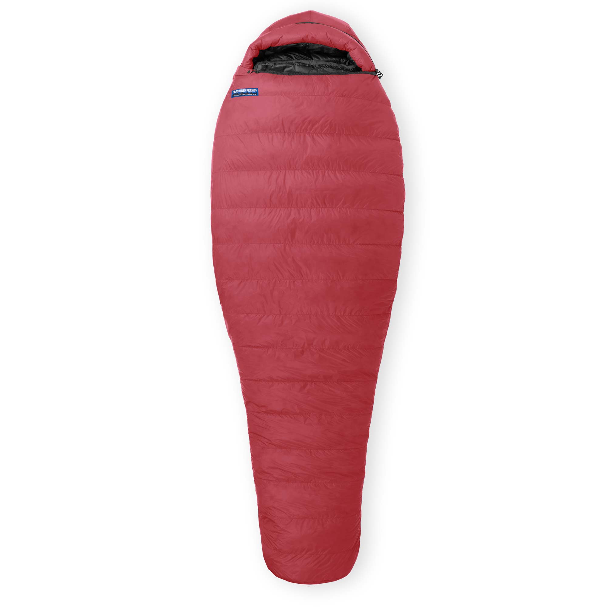 A Phoenix red Feathered Friends Women's Arctic Finch -10F Winter Light down sleeping bag on a white background
