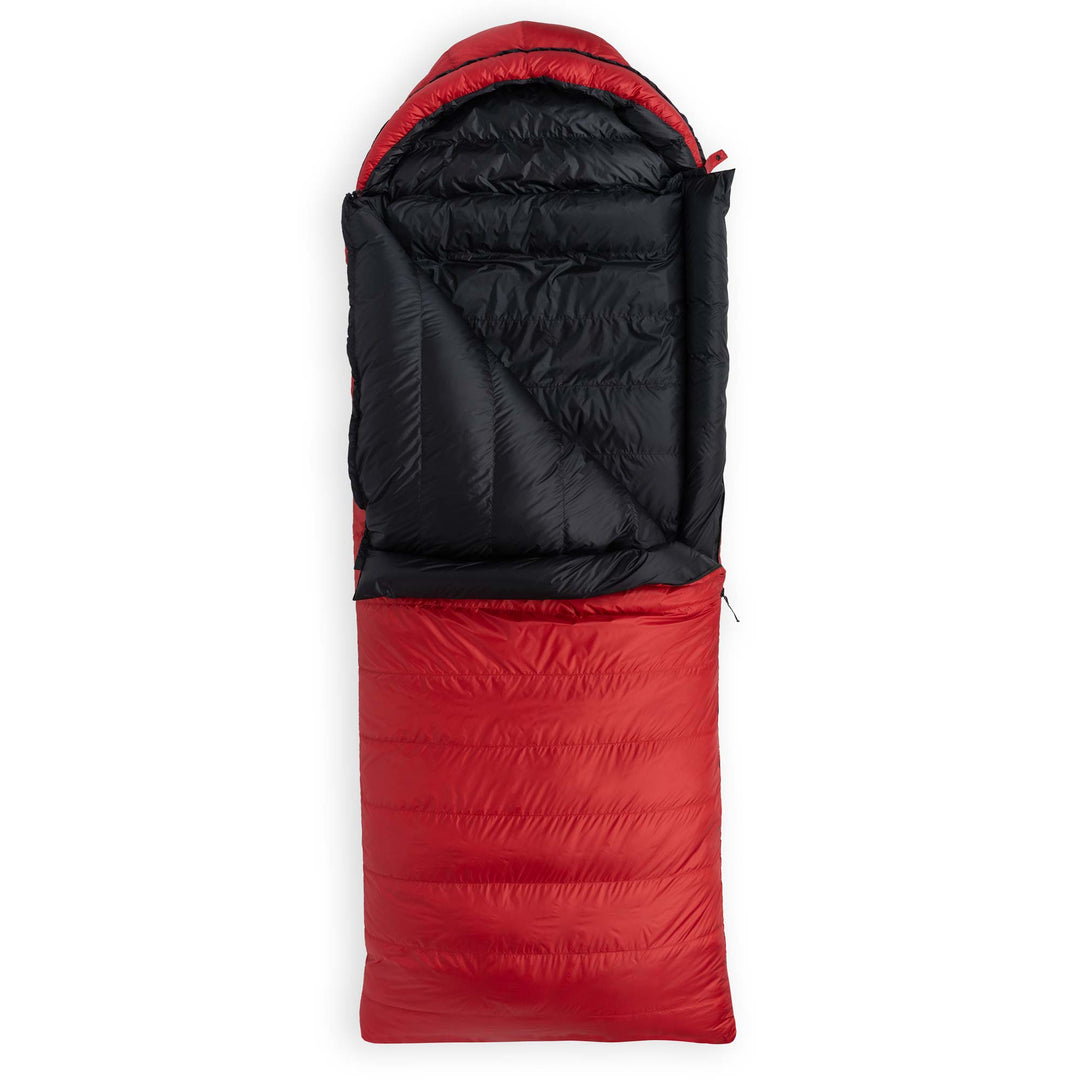 Cardinal red Feathered Friends Condor sleeping bag partially unzipped with optional hood on white background