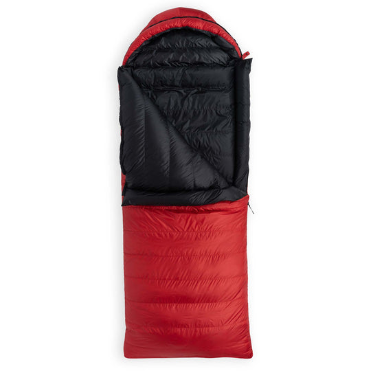 Cardinal red Feathered Friends Condor sleeping bag partially unzipped with optional hood on white background