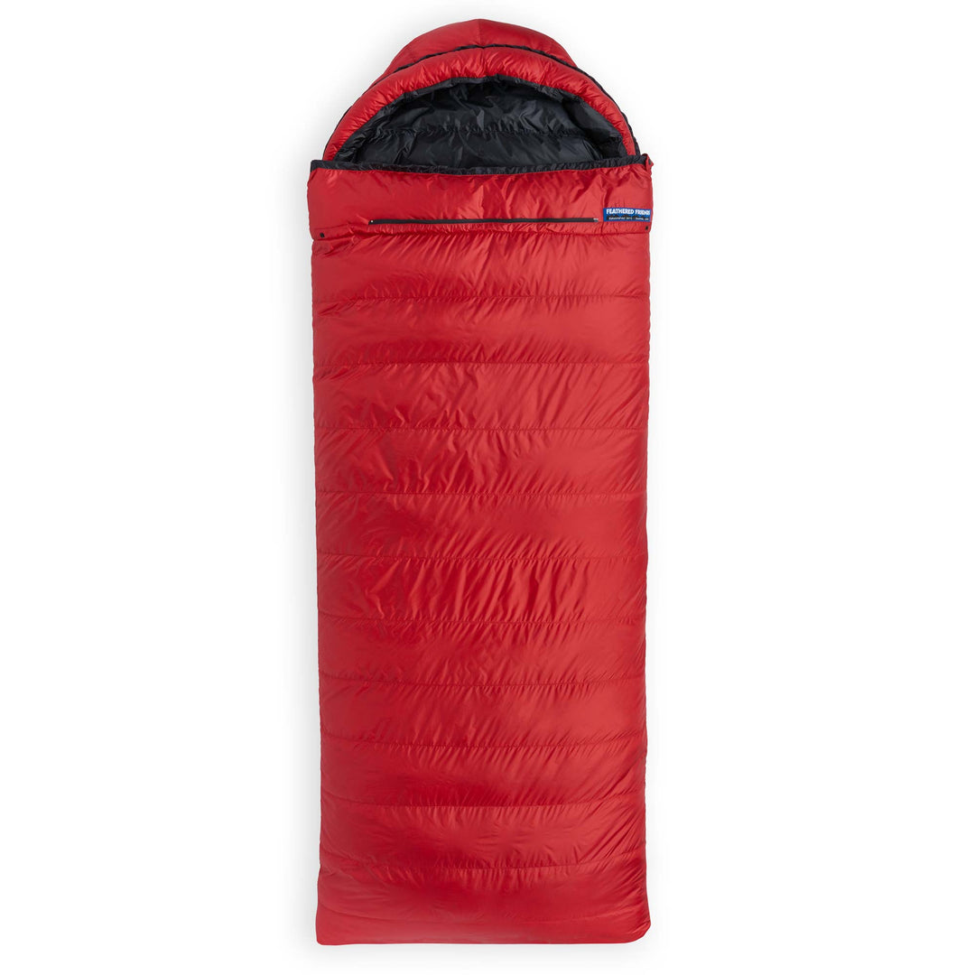 Cardinal red Feathered Friends Condor sleeping bag fully zipped with optional hood on white background
