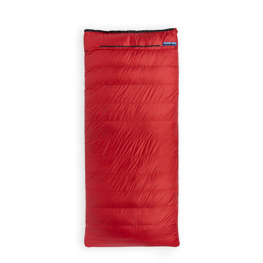 Cardinal red Feathered Friends Condor sleeping bag fully zipped on white background