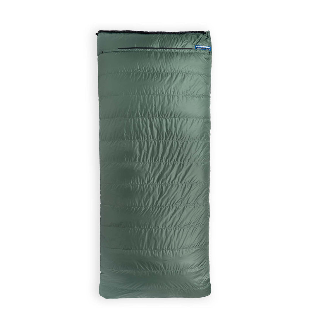 Fir green Feathered Friends Condor sleeping bag fully zipped on white background