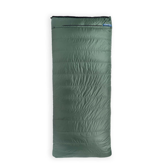 Fir green Feathered Friends Condor sleeping bag fully zipped on white background