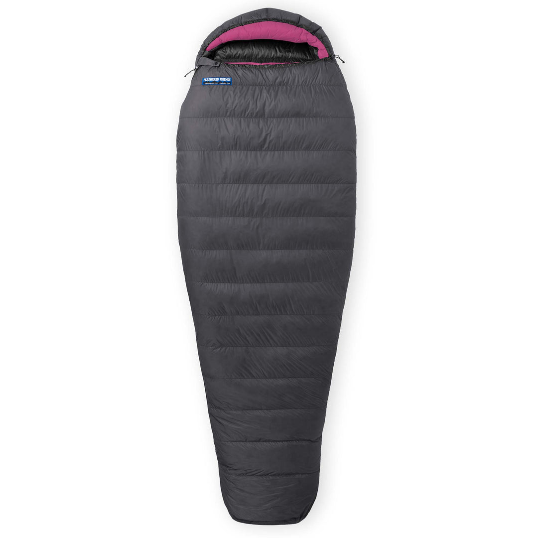 Feathered Friends Egret UL Sleeping Bag in graphite gray with magenta hood trim on a white background