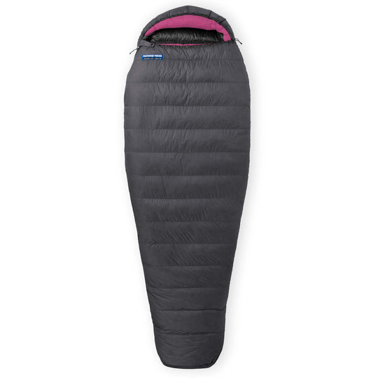 Feathered Friends Egret UL Sleeping Bag in graphite gray with magenta hood trim on a white background