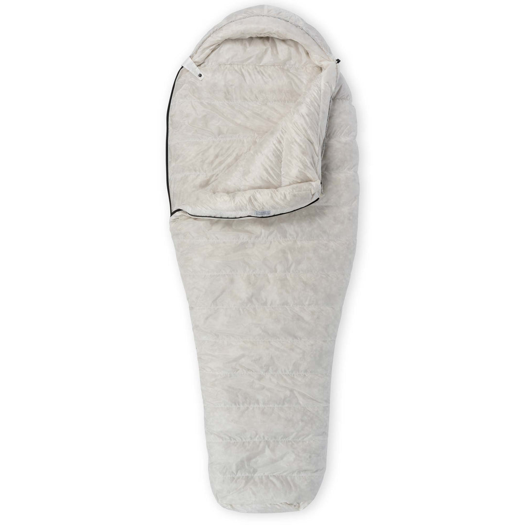 Undyed white Feathered Friends Egret UL Ultralight Women's down sleeping bag on white background