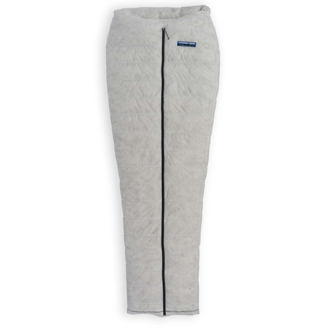 Fully zipped Feathered Friends Flicker UL Wide ultralight down quilt sleeping bag in Undyed Pertex Quantum Pro