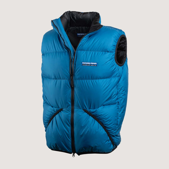 Feathered Friends Helios Down Vest Alpine blue on white background