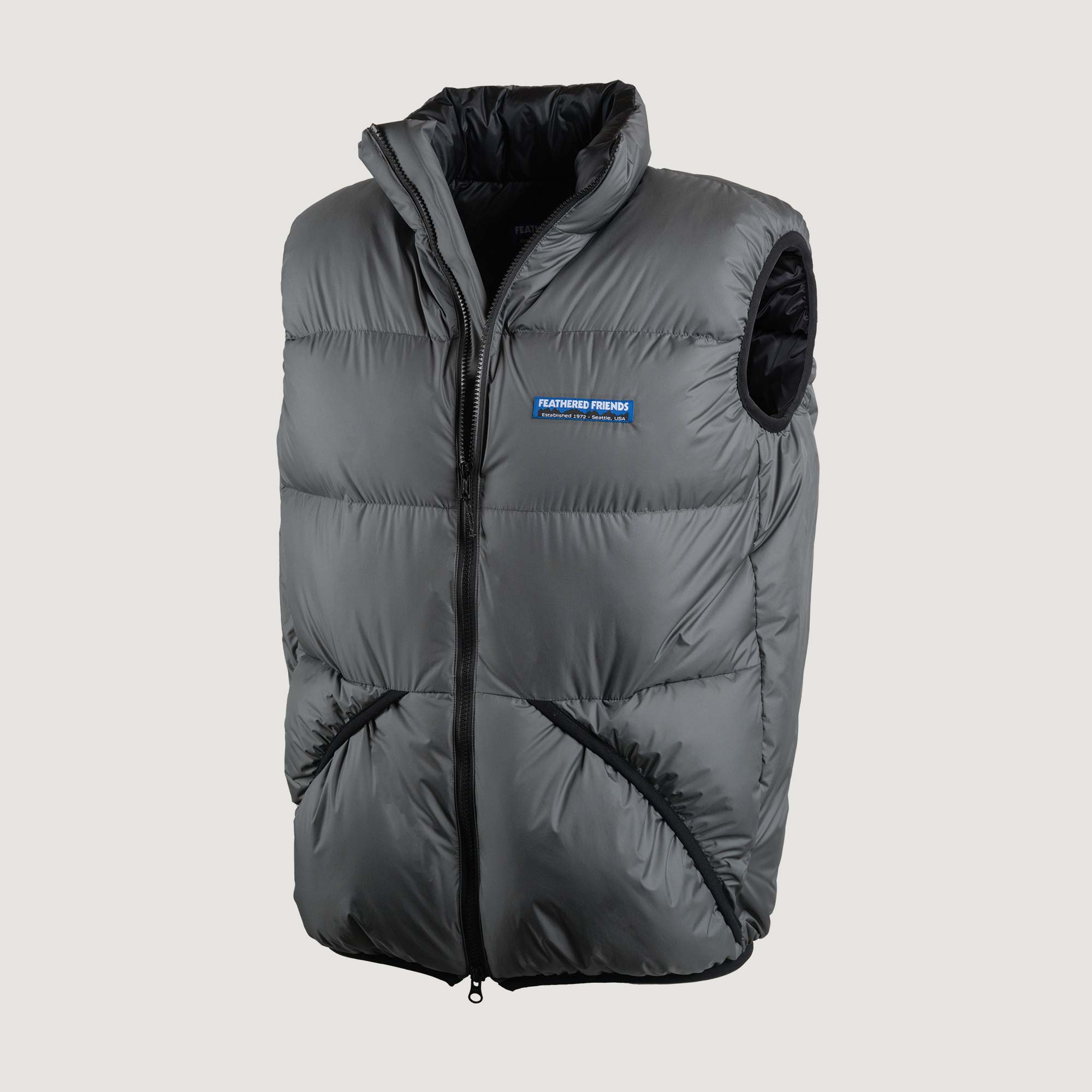 Feathered Friends Helios Down Vest Cinder gray on white background