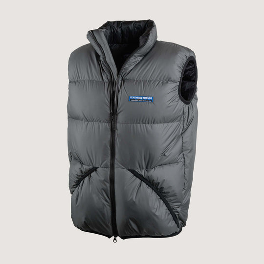 Feathered Friends Helios Down Vest Cinder gray on white background