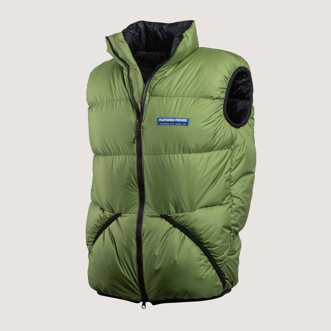 Feathered Friends Helios Down Vest Lichen green on white background