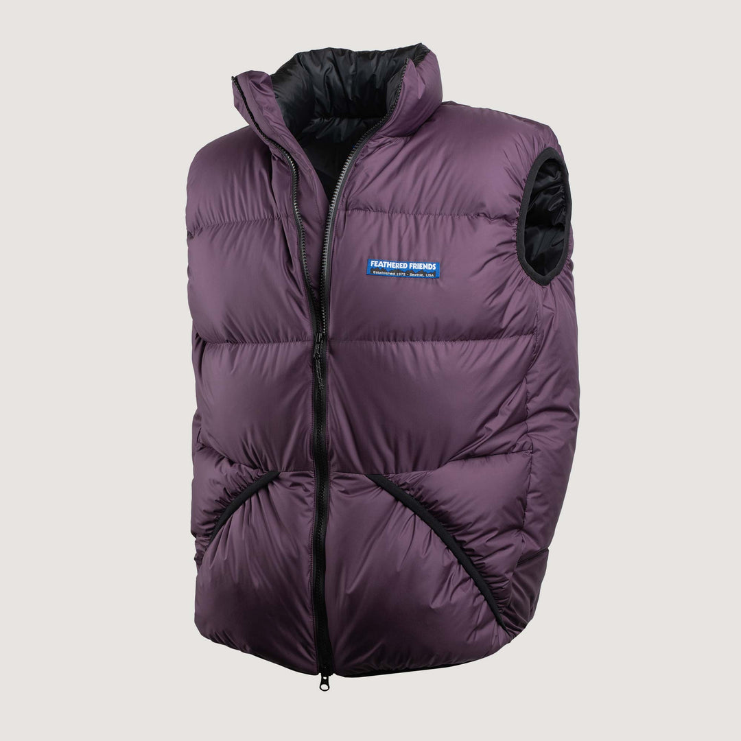 Feathered Friends Helios Down Vest Nightshade purple on white background