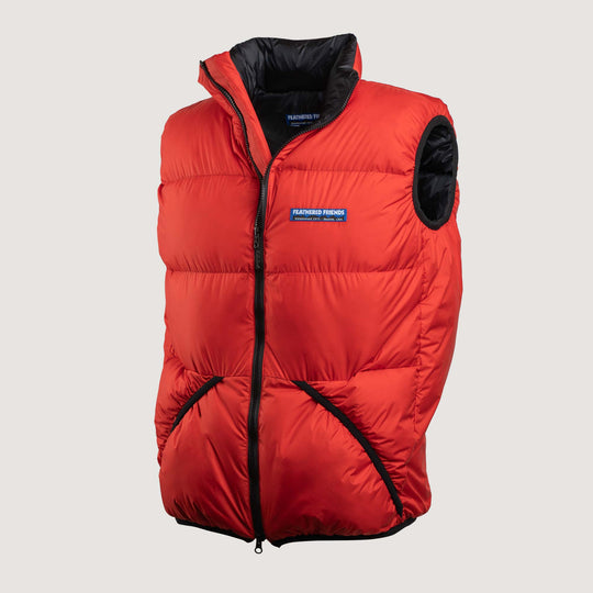 Feathered Friends Helios Down Vest Poppy red on white background