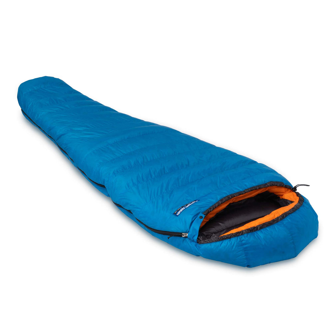 Side angle view of Feathered Friends UL 20 30 Degree ultralight narrow mummy down sleeping bag Cerulean Blue on a white background