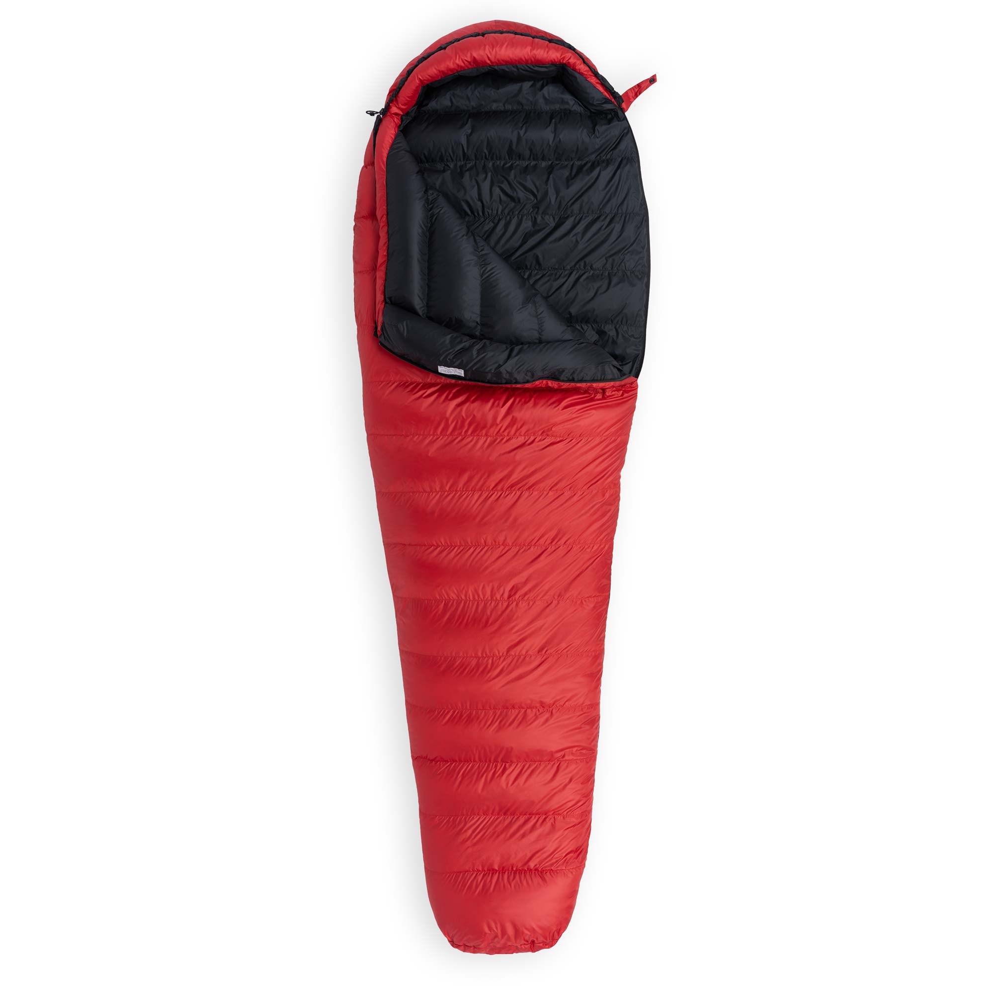 Cardinal red Hummingbird YF 20 Degree down sleeping bag unzipped on a white background