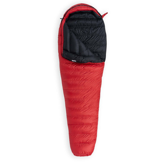 Cardinal red Hummingbird YF 20 Degree down sleeping bag unzipped on a white background